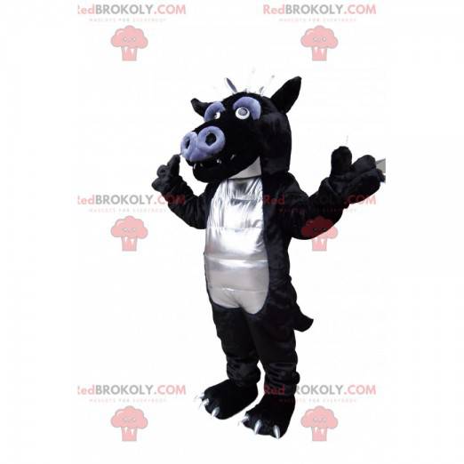 Lustiges schwarzes und graues Drachenmaskottchen. Drachenkostüm