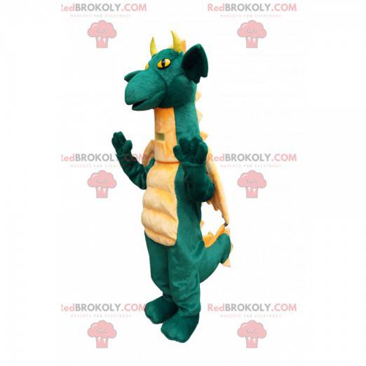 Comic green dragon mascot, with pretty yellow wings -
