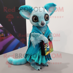 Turquoise Aye-Aye mascot costume character dressed with a Wrap Dress and Clutch bags