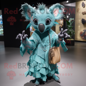 Turquoise Aye-Aye mascot costume character dressed with a Wrap Dress and Clutch bags