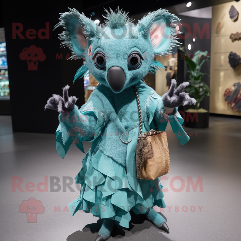 Turquoise Aye-Aye mascot costume character dressed with a Wrap Dress and Clutch bags Turquoise Aye-Aye mascot costume character dressed with a Wrap Dress and Clutch bags