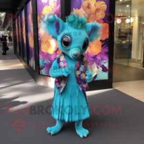 Turquoise Aye-Aye mascot costume character dressed with a Wrap Dress and Clutch bags