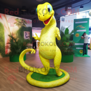 Lemon Yellow Snake mascot costume character dressed with a Bikini and Anklets