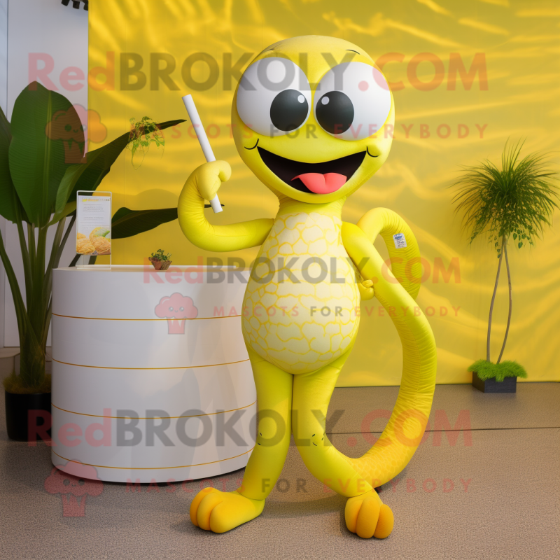 Lemon Yellow Snake mascot costume character dressed with a Bikini and Anklets Lemon Yellow Snake mascot costume character dressed with a Bikini and Anklets