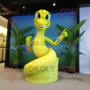 Lemon Yellow Snake mascot costume character dressed with a Bikini and Anklets