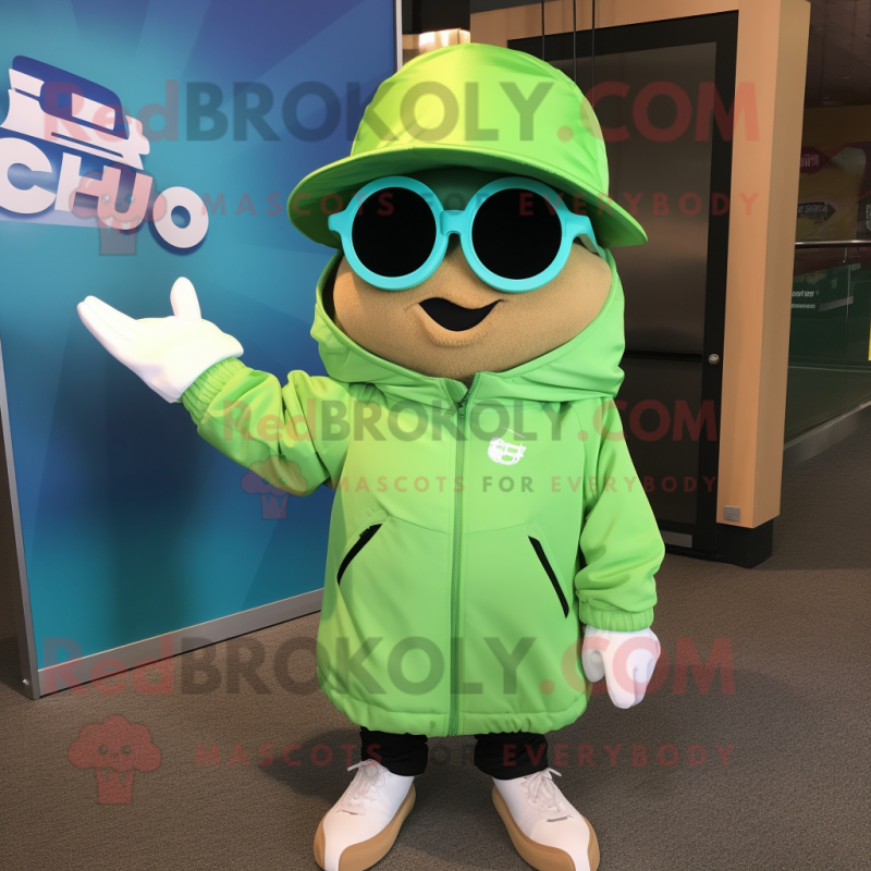 Lime Green Clam Chowder mascot costume character dressed with a Windbreaker and Sunglasses