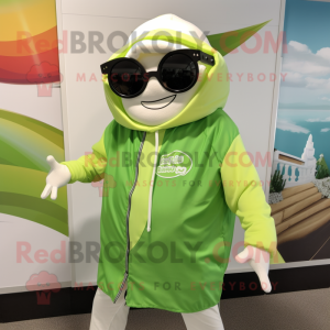 Lime Green Clam Chowder mascot costume character dressed with a Windbreaker and Sunglasses
