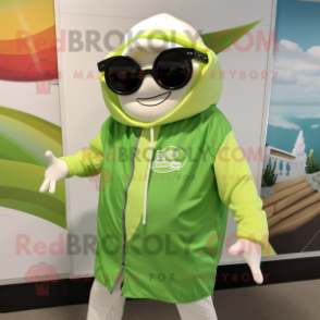 Lime Green Clam Chowder mascot costume character dressed with a Windbreaker and Sunglasses