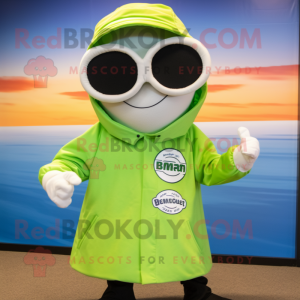 Lime Green Clam Chowder mascot costume character dressed with a Windbreaker and Sunglasses