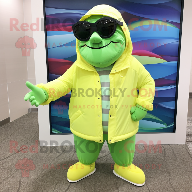 Lime Green Clam Chowder mascot costume character dressed with a Windbreaker and Sunglasses