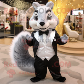 Silver Squirrel mascot costume character dressed with a Tuxedo and Hair clips