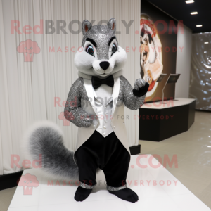 Silver Squirrel mascot costume character dressed with a Tuxedo and Hair clips
