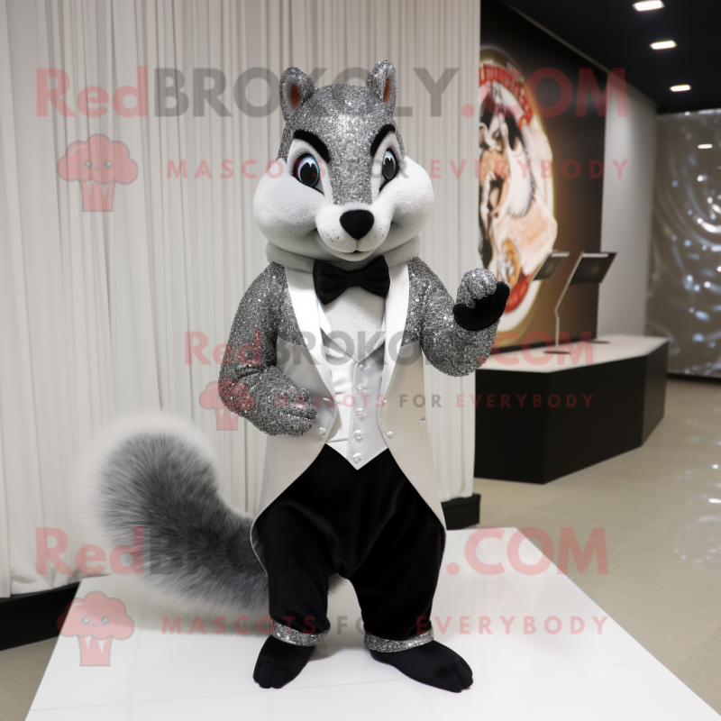 Silver Squirrel mascot costume character dressed with a Tuxedo and Hair clips