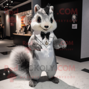 Silver Squirrel mascot costume character dressed with a Tuxedo and Hair clips