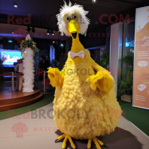 Yellow Ostrich mascot costume character dressed with a Wedding Dress and Headbands