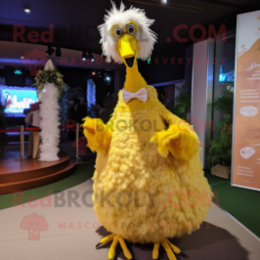 Yellow Ostrich mascot costume character dressed with a Wedding Dress and Headbands