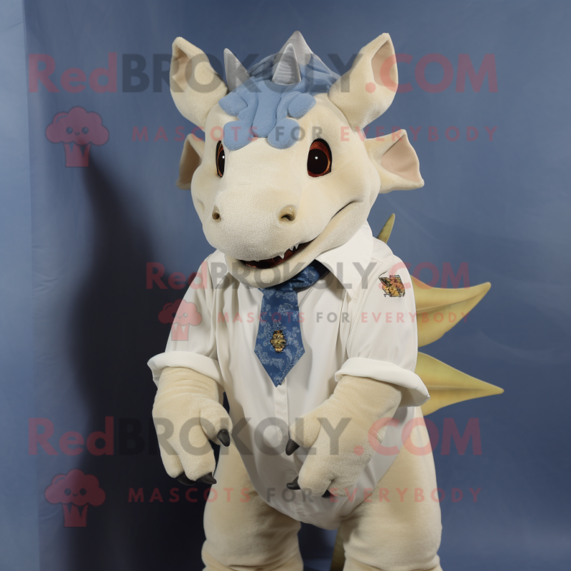 Cream Triceratops mascot costume character dressed with a Denim Shirt and Tie pins