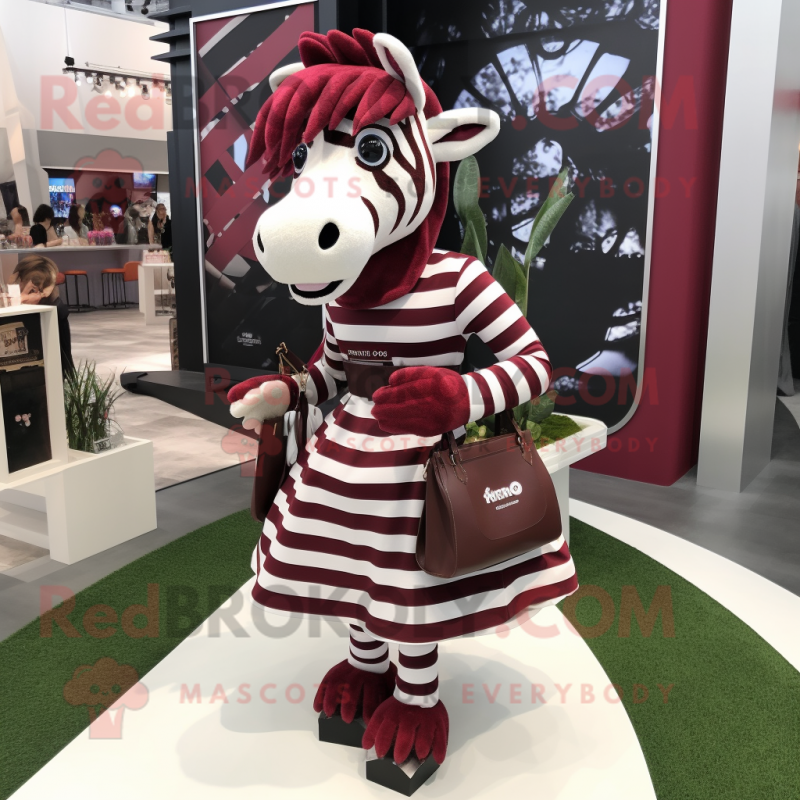 Maroon Zebra mascot costume character dressed with a Wrap Skirt and Handbags Maroon Zebra mascot costume character dressed with a Wrap Skirt and Handbags