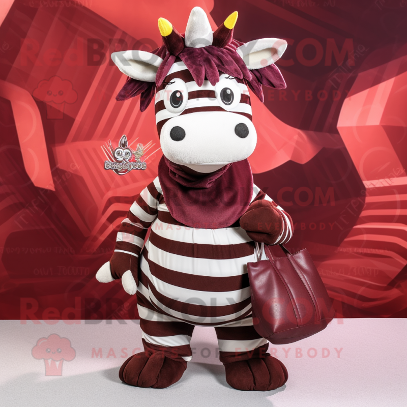 Maroon Zebra mascot costume character dressed with a Wrap Skirt and Handbags