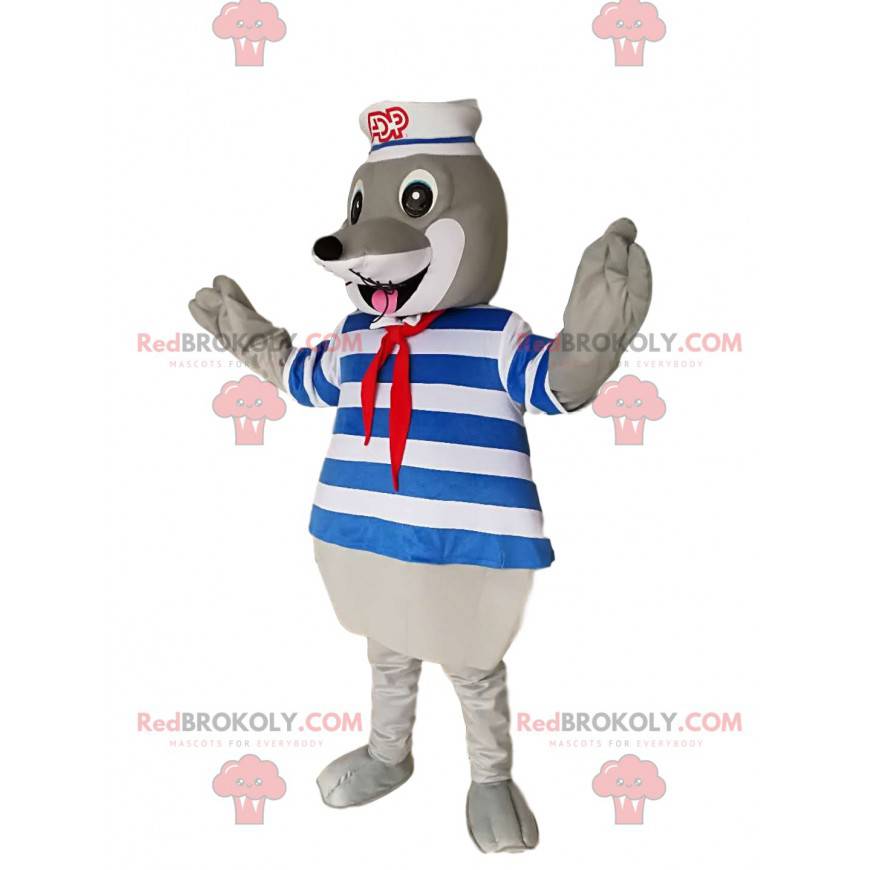 Mascot gray seal with a swimsuit and a sailor hat -