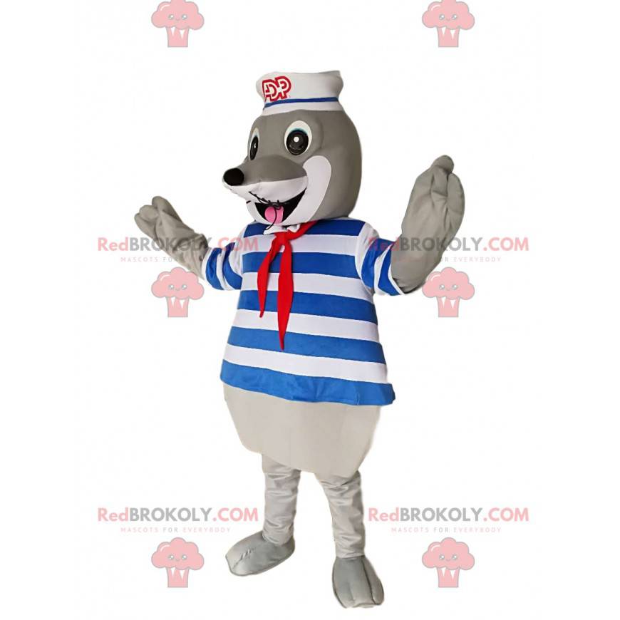 Mascote de foca cinza com maiô e chapéu de marinheiro -