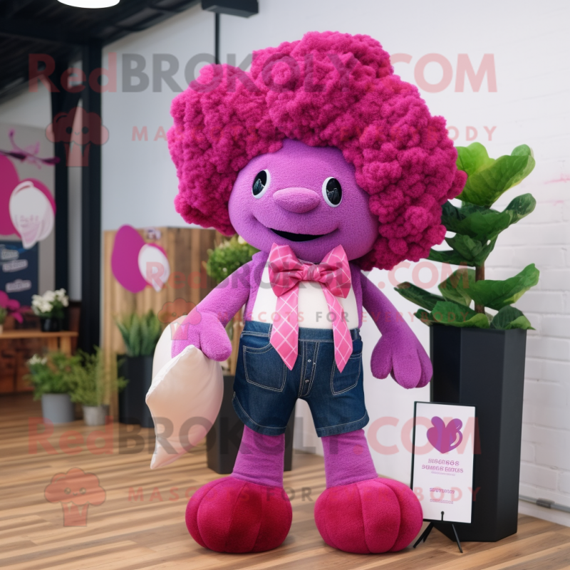 Magenta Cauliflower mascot costume character dressed with a Boyfriend Jeans and Bow ties