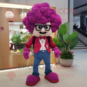 Magenta Cauliflower mascot costume character dressed with a Boyfriend Jeans and Bow ties