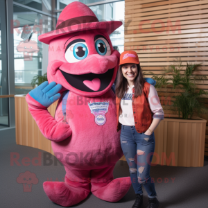 Magenta Salmon mascot costume character dressed with a Mom Jeans and Hats