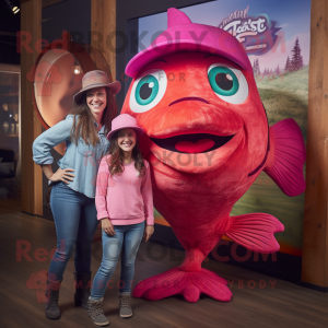 Magenta Salmon mascot costume character dressed with a Mom Jeans and Hats