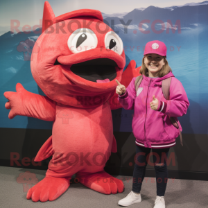 Magenta Salmon mascot costume character dressed with a Mom Jeans and Hats