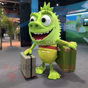 Lime Green Barracuda mascot costume character dressed with a Skirt and Briefcases