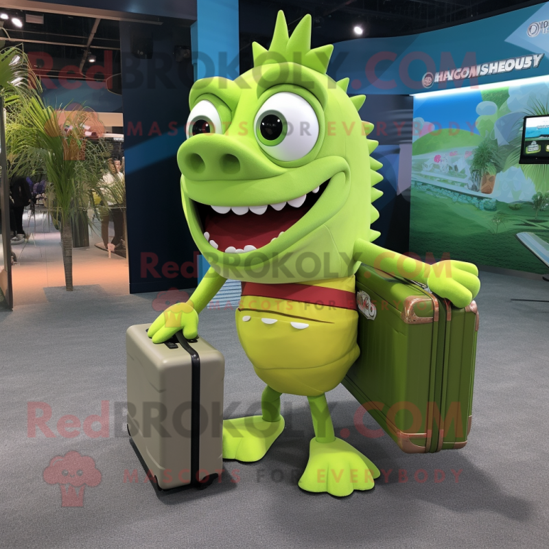 Lime Green Barracuda mascot costume character dressed with a Skirt and Briefcases