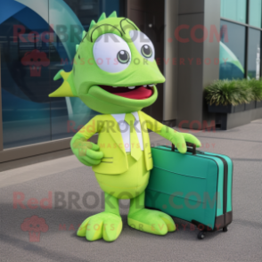 Lime Green Barracuda mascot costume character dressed with a Skirt and Briefcases