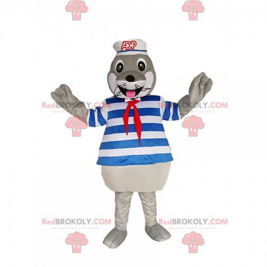 Mascote de foca cinza com maiô e chapéu de marinheiro -