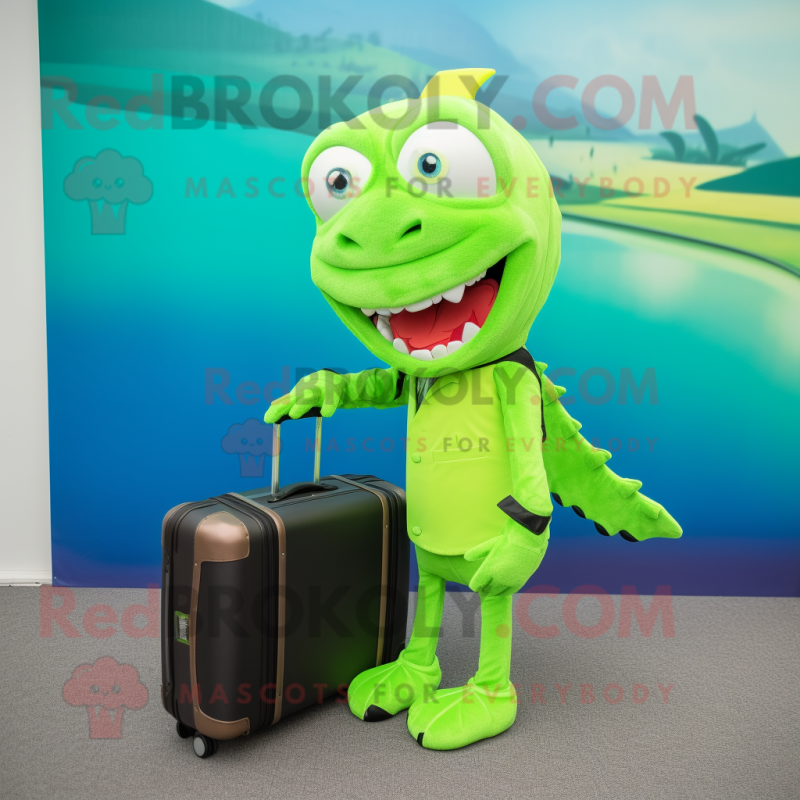 Lime Green Barracuda mascot costume character dressed with a Skirt and Briefcases Lime Green Barracuda mascot costume character dressed with a Skirt and Briefcases