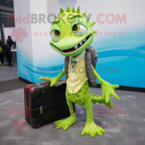 Lime Green Barracuda mascot costume character dressed with a Skirt and Briefcases