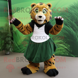 Forest Green Saber-Toothed Tiger mascot costume character dressed with a Pleated Skirt and Foot pads
