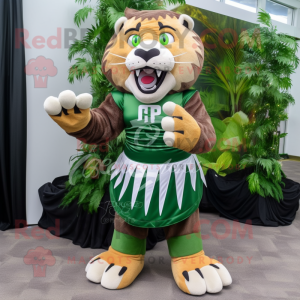 Forest Green Saber-Toothed Tiger mascot costume character dressed with a Pleated Skirt and Foot pads