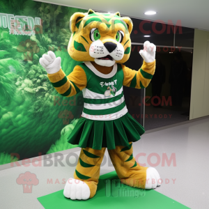 Forest Green Saber-Toothed Tiger mascot costume character dressed with a Pleated Skirt and Foot pads