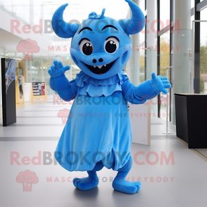 Sky Blue Devil mascot costume character dressed with a Midi Dress and Scarves