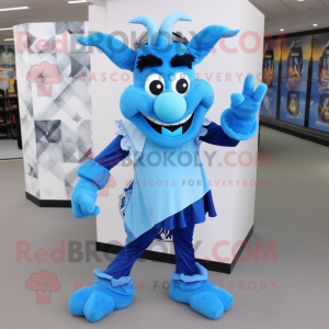 Sky Blue Devil mascot costume character dressed with a Midi Dress and Scarves