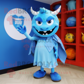 Sky Blue Devil mascot costume character dressed with a Midi Dress and Scarves