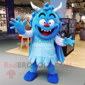 Sky Blue Devil mascot costume character dressed with a Midi Dress and Scarves