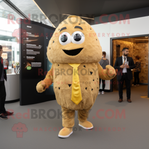 Gold Falafel mascot costume character dressed with a Playsuit and Tie pins