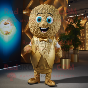 Gold Falafel mascot costume character dressed with a Playsuit and Tie pins