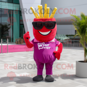 Magenta French Fries mascot costume character dressed with a V-Neck Tee and Sunglasses