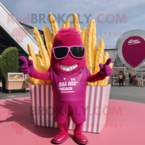 Magenta French Fries mascot costume character dressed with a V-Neck Tee and Sunglasses