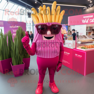 Magenta French Fries mascot costume character dressed with a V-Neck Tee and Sunglasses