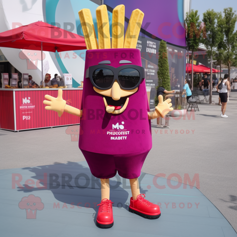 Magenta French Fries mascot costume character dressed with a V-Neck Tee and Sunglasses Magenta French Fries mascot costume character dressed with a V-Neck Tee and Sunglasses