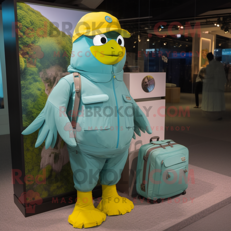 Turquoise Canary mascot costume character dressed with a Cargo Pants and Messenger bags